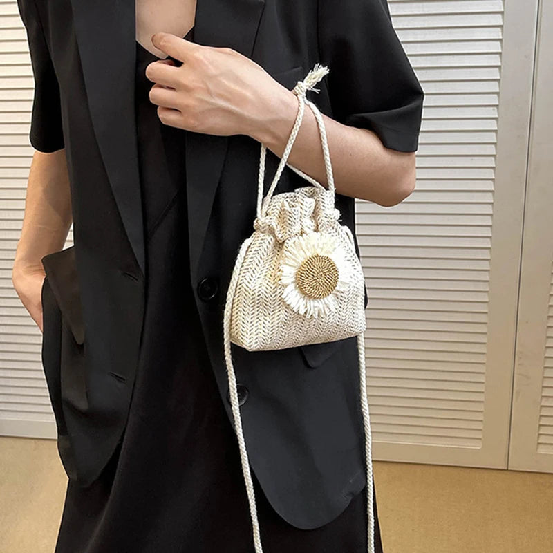 Drawstring Straw Beach Crossbody