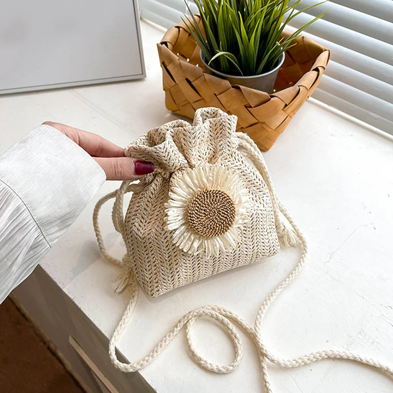 Drawstring Straw Beach Crossbody