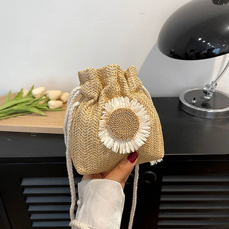 Drawstring Straw Beach Crossbody
