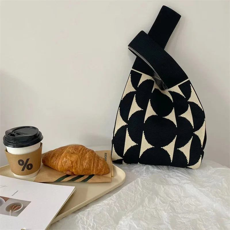 Black White Knit Handbag Handmade Tote