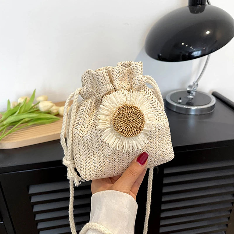 Drawstring Straw Beach Crossbody