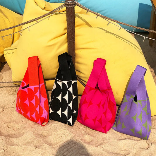 Black White Knit Handbag Handmade Tote